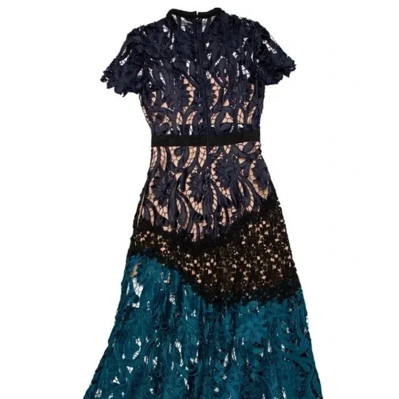 Self Portrait Blue Prairie Lace Guipure Midi Dress - size 8 - Picture 4 of 5